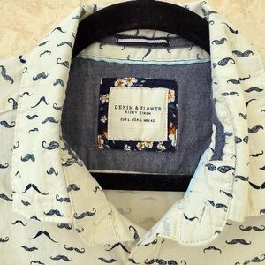 Denim & Flower Ricky Singh Mustache Print Button Down Shirt Size L
